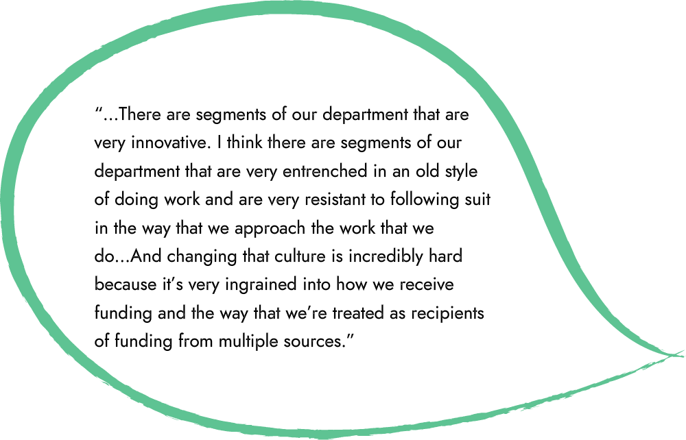 An illustrated speech bubble that says “…There are segments of our department that are very innovative. I think there are segments of our department that are very entrenched in an old style of doing work and are very resistant to following suit in the way that we approach the work that we do…And changing that culture is incredibly hard because it’s very ingrained into how we receive funding and the way that we’re treated as recipients of funding from multiple sources.”