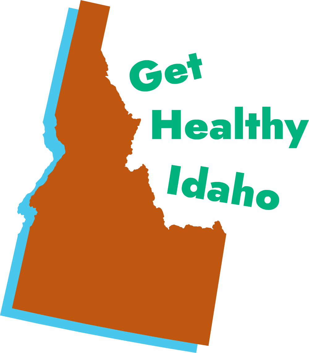 An illustration of the state of Idaho with the words "Get Healthy Idaho" to the right of it