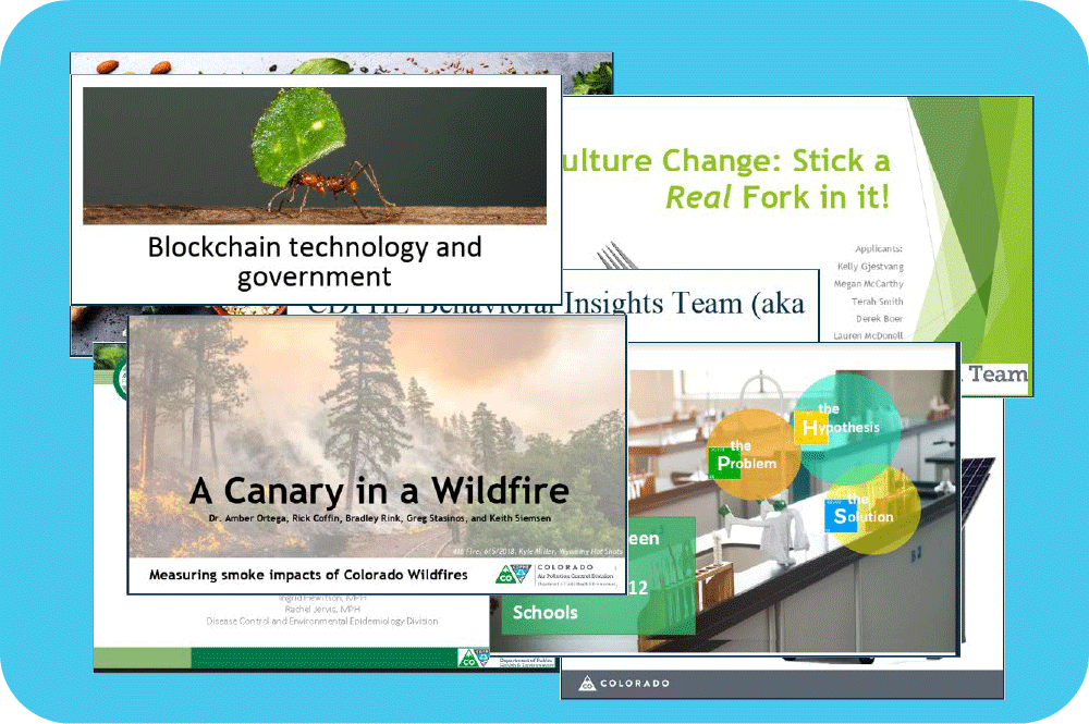 An image of many examples of innovative program proposals stacked on top of eachother over a blue rounded box background.